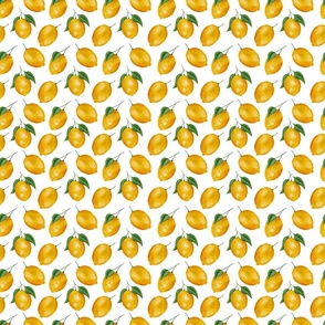 Summer Lemons on White - Watercolor Hand-painted Seamless Pattern Small Scale