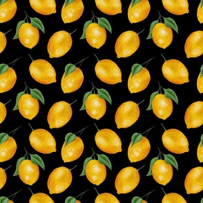 Summer Lemons on Black - Watercolor Hand-painted Seamless Pattern Large Scale