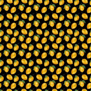 Summer Lemons on Black - Watercolor Hand-painted Seamless Pattern Small Scale