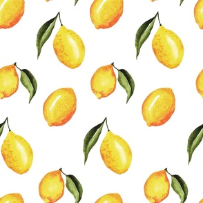 Modern Lemons with Small Leaves on White - Watercolor Hand-painted Seamless Pattern Large Scale