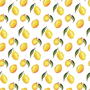 Modern Lemons with Small Leaves on White - Watercolor Hand-painted Seamless Pattern Small Scale