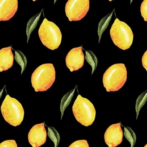 Modern Lemons with Small Leaves on Black - Watercolor Hand-painted Seamless Pattern Large Scale