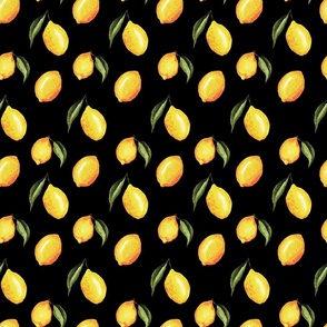 Modern Lemons with Small Leaves on Black - Watercolor Hand-painted Seamless Pattern Small Scale