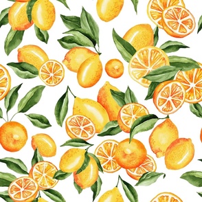 Lemons Leaves and Lemon Slices on White - Watercolor Hand-painted Seamless Pattern Large Scale