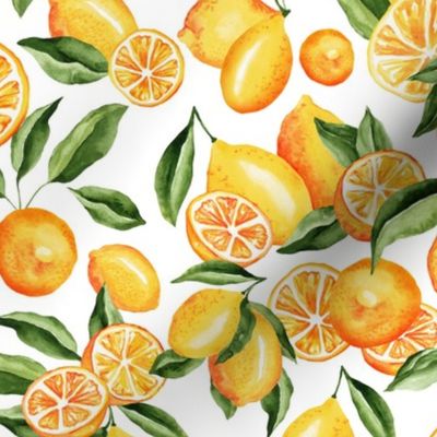 Lemons Leaves and Lemon Slices on White - Watercolor Hand-painted Seamless Pattern Small Scale