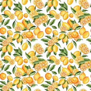 Lemons Leaves and Lemon Slices on White - Watercolor Hand-painted Seamless Pattern Small Scale