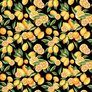 Lemons Leaves and Lemon Slices on Black - Watercolor Hand-painted Seamless Pattern Small Scale