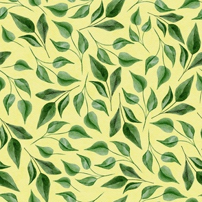 Green Lemon Leaves Foliage on Yellow - Watercolor Hand-painted Seamless Pattern Large Scale