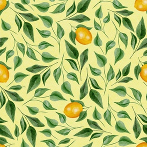 Green Leaves and Lemons on Yellow - Watercolor Hand-painted Seamless Pattern Large Scale