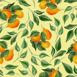 Warm Lemon Branches and Leaves on Yellow  - Watercolor Hand-painted Seamless Pattern Large Scale