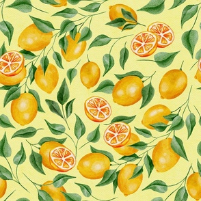 Vintage Lemons and Lemon Leaves on Yellow - Watercolor Hand-painted Seamless Pattern Large Scale