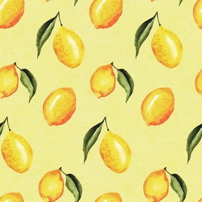 Modern Lemons with Small Leaves on Yellow - Watercolor Hand-painted Seamless Pattern Large Scale