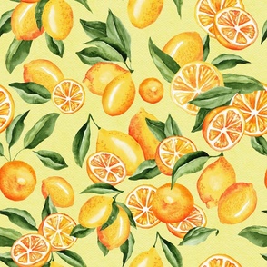 Lemons Leaves and Lemon Slices on Yellow - Watercolor Hand-painted Seamless Pattern Large Scale