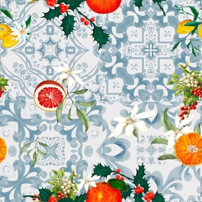Christmas art,blue tiles,festive,fruits,mistletoe art