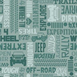 Large Scale 4x4 Adventures Word Cloud Off Road Jeep Vehicles in Pine Green