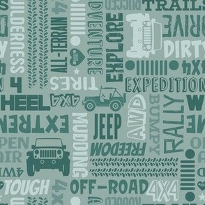 Medium Scale 4x4 Adventures Word Cloud Off Road Jeep Vehicles in Pine Green