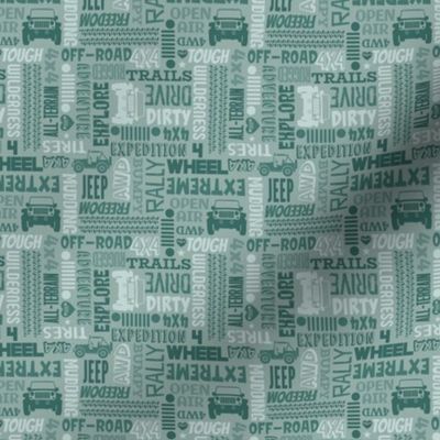 Small Scale 4x4 Adventures Word Cloud Off Road Jeep Vehicles in Pine Green