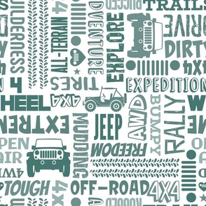 Large Scale 4x4 Adventures Word Cloud Off Road Jeep Vehicles in Pine Green on White