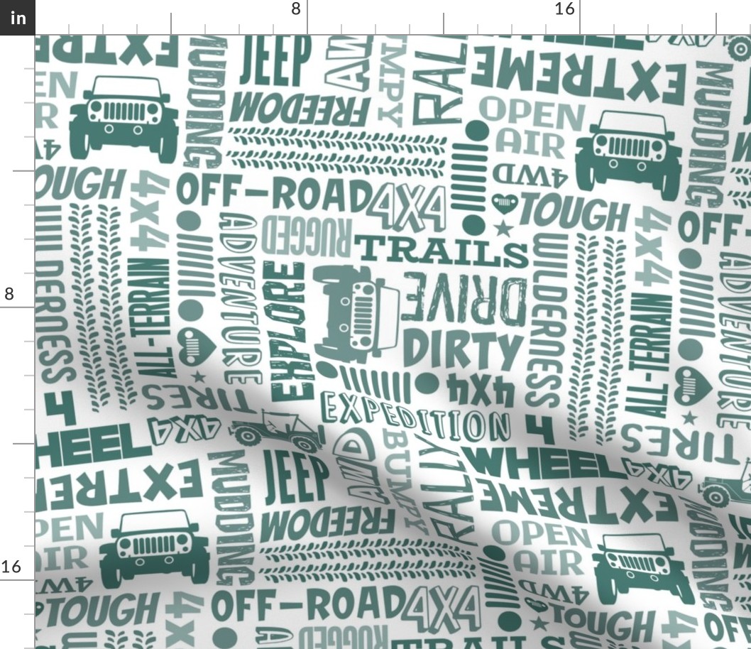 Large Scale 4x4 Adventures Word Cloud Off Road Jeep Vehicles in Pine Green on White
