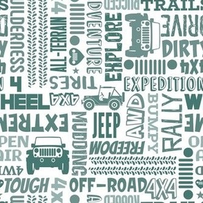 Medium Scale 4x4 Adventures Word Cloud Off Road Jeep Vehicles in Pine Green on White