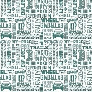 Small Scale 4x4 Adventures Word Cloud Off Road Jeep Vehicles in Pine Green on White