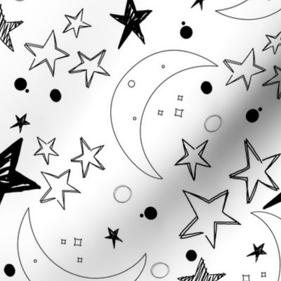 Sketchy Stars and Moon on white