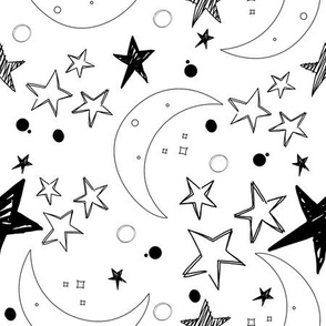 Sketchy Stars and Moon on white