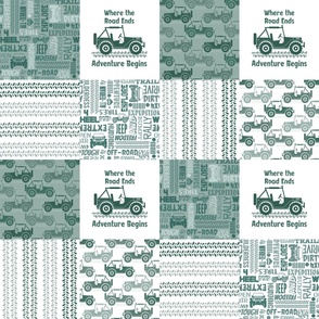 Bigger Scale Patchwork  6" Squares 4x4 Adventures Jeep Off Road Vehicles in Pine Green for Cheater Quilt or Blanket
