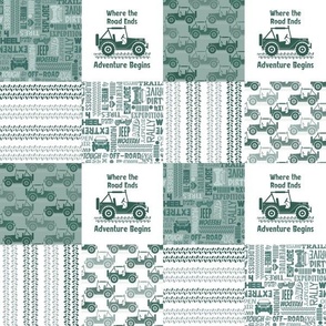 Smaller Scale Patchwork 3" Squares 4x4 Adventures Jeep Off Road Vehicles in Pine Green for Cheater Quilt or Blanket