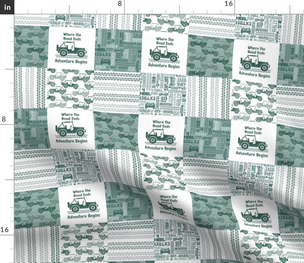 Smaller Scale Patchwork 3" Squares 4x4 Adventures Jeep Off Road Vehicles in Pine Green for Cheater Quilt or Blanket