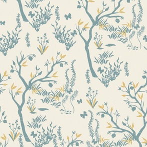 Natures Bounty, Puya Flower Blue and Honey Yellow, Faux Linen Cream Background