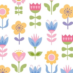 nordic folk floral scandi style flowers in bright pastel colours on white - Large