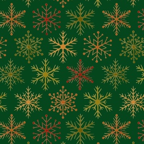 Festive Snow Flakes Pattern in Red, Green and Gold on Dark Turquoise  Background