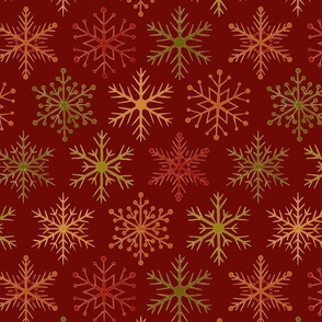 Festive Snow Flakes Pattern in Red, Green and Gold on Burgundy Background