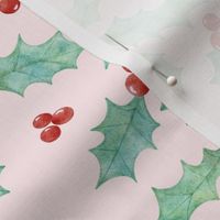 Watercolor Christmas holly and berries-pink