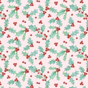 Watercolor Christmas holly and berries-pink