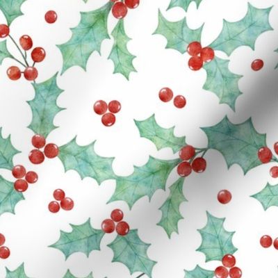 Watercolor Christmas holly leaves and berries-white