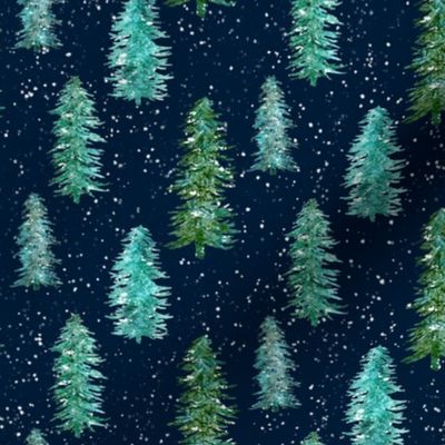 Watercolor green blue Christmas pine tree-navy-small scale