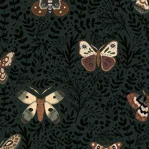 Autumn Forest Finds - Woodland moth over green with black leaves Large - moody wallpaper - dramatic decor
