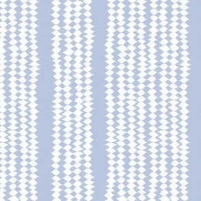 Small organic block printed lino cut in vertical stripes of stacked diamonds in white on bluegrey