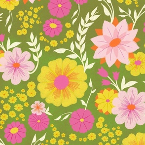 Spring Floral in Bright Pink, Pale Pink, Yellow, White & Orange on Green // Large Scale