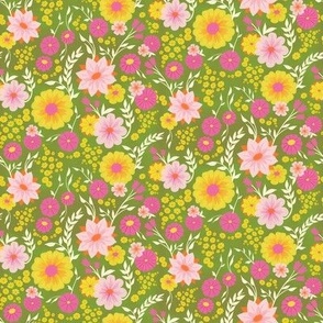 Spring Floral in Bright Pink, Pale Pink, Yellow, White & Orange on Green // Medium Scale