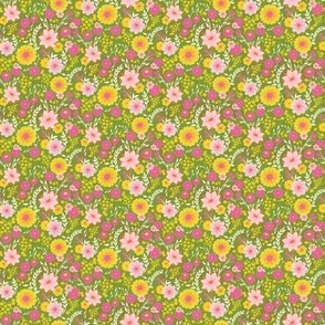 Spring Floral in Bright Pink, Pale Pink, Yellow, White & Orange on Green // Smaller Scale