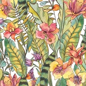Watercolor tropical flowers and leaves on white
