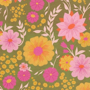 Spring Floral in Gauzy Pink on Green // Larger Scale