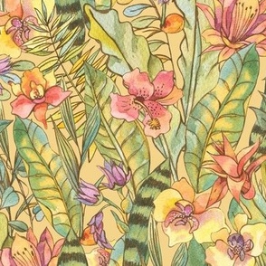 Watercolor tropical flowers and leaves on yellow