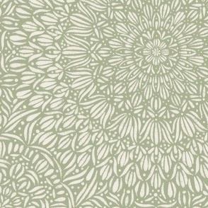 fancy mandala - creamy white_ light sage green - hand drawn tile