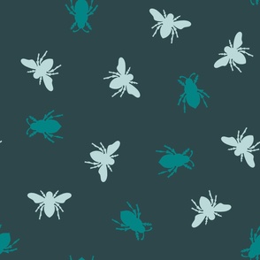 Bees and Flies Oh My // large // dark green, light green, teal, bees, flies