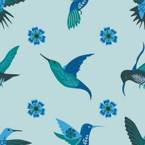 Hummingbirds Feeding From Flowers // large // birds, floral, green, teal, blue