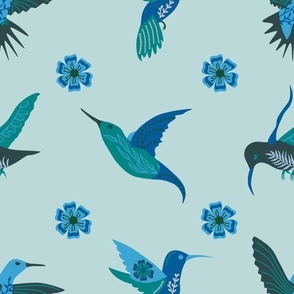 Hummingbirds Feeding From Flowers // medium // birds, floral, green, teal, blue